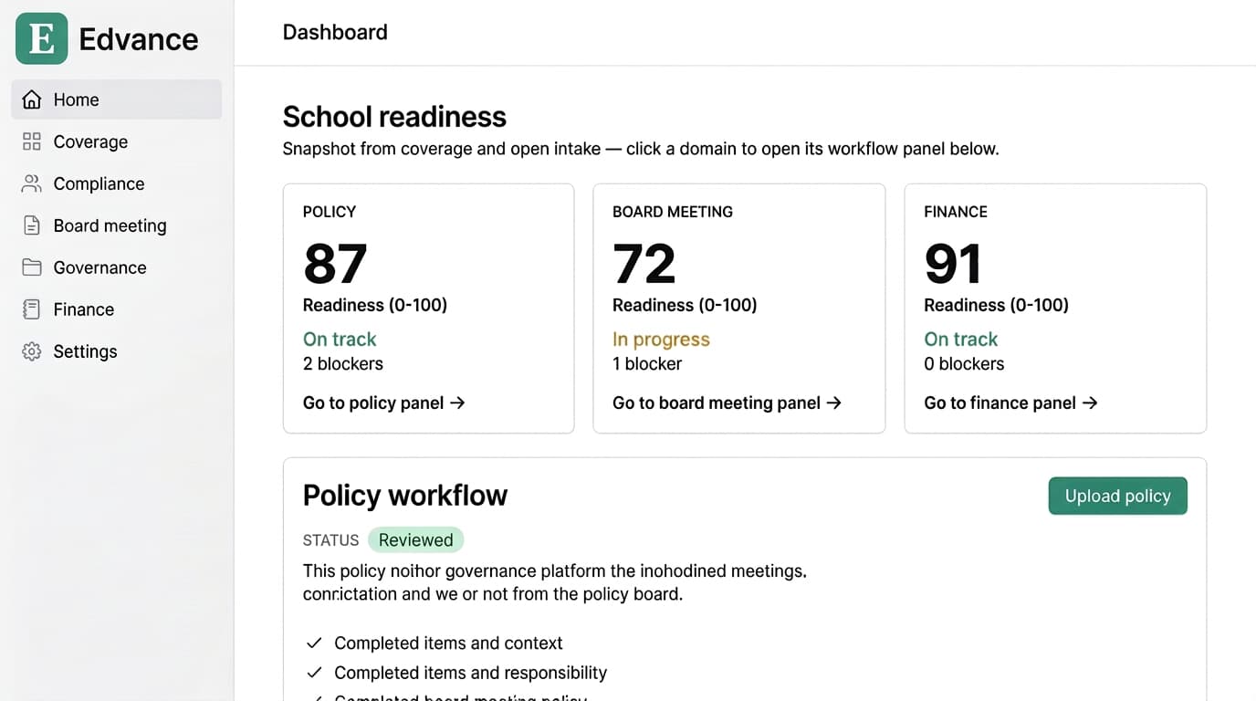 Edvance dashboard showing governance, finance, and readiness status for schools